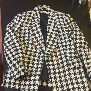 Zara Black & White Houndstooth Double-Breasted Blazer with Gold Buttons